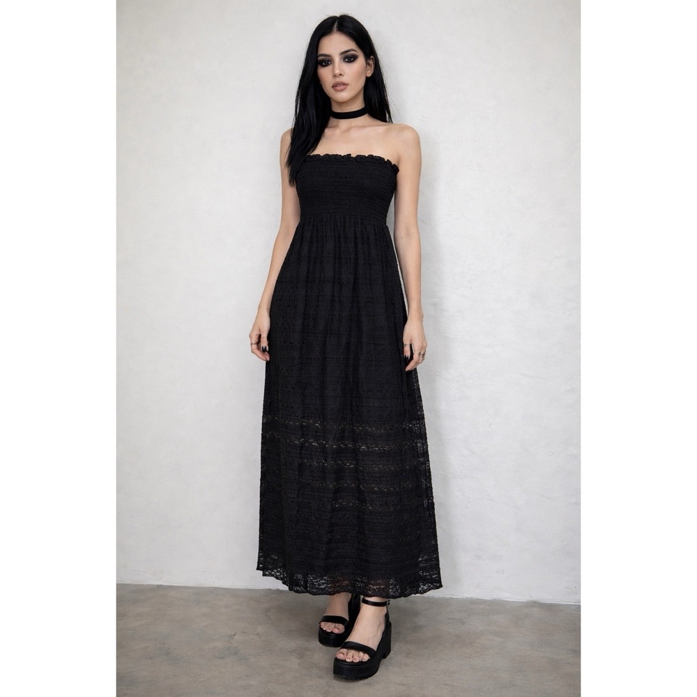 Whimsigoth Dark Fairy Cottagecore Lace Strapless Maxi Dress Smock Vamp Witchy L - Picture 1 of 6